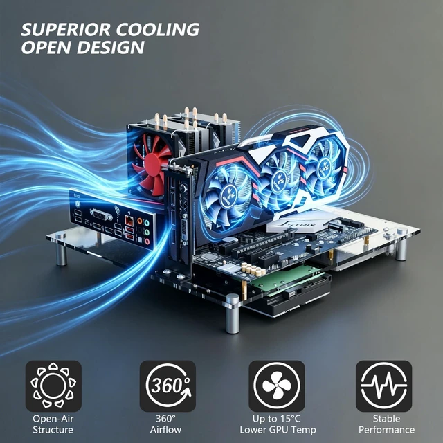 Alt view image 3 of 5 - Open Air Acrylic PC Test Bench Case, Transparent Open Frame Computer Chassis for ATX/MATX/ITX Motherboards, Superior Cooling Design, Easy Assembly, DIY Gaming PC Test Platform