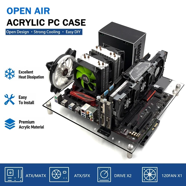 Alt view image 2 of 5 - Open Air Acrylic PC Test Bench Case, Transparent Open Frame Computer Chassis for ATX/MATX/ITX Motherboards, Superior Cooling Design, Easy Assembly, DIY Gaming PC Test Platform