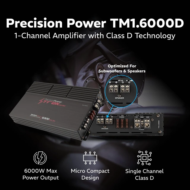 Alt view image 3 of 5 - Precision Power Trax Micro Monoblock Class D Car Stereo Amplifier TM1.6000D 6000W Single Channel Digital Subwoofer Amp with Wired Bass Control & High-Level Inputs for Powerful Audio