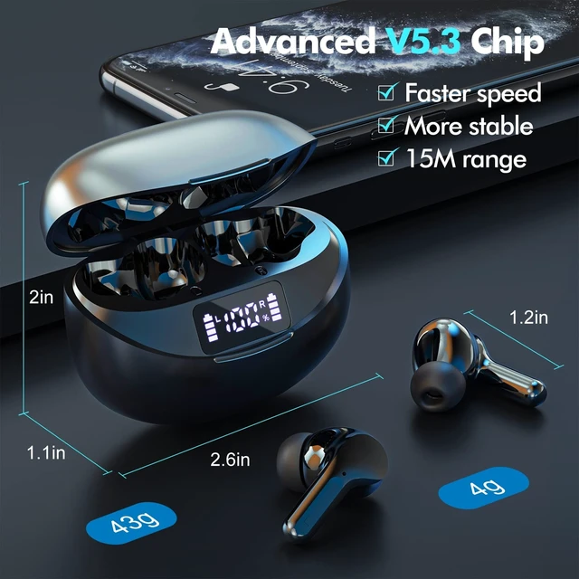 Alt view image 3 of 5 - Fhumsh Wireless Earbuds Bluetooth 5.4 Headphones, Noise Cancelling Mic Ear Buds with 50H Playback, LED Digital Display, lPX7 Waterproof Earphones for Office/Running/Workout(Black)