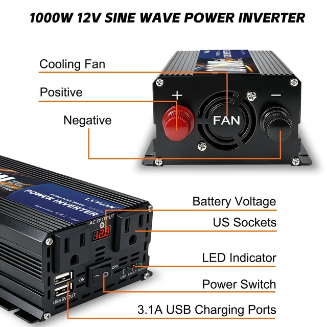 Alt view image 2 of 5 - LVYUAN 1000W Pure Sine Wave Power Inverter 12V DC to 110V/120V