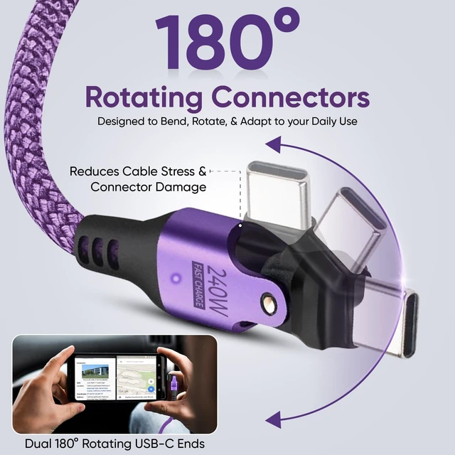 Alt view image 2 of 5 - EndlesShine USB C to USB C Cable 3.3FT, 180 Rotation PD 240W Purple 2 Pack