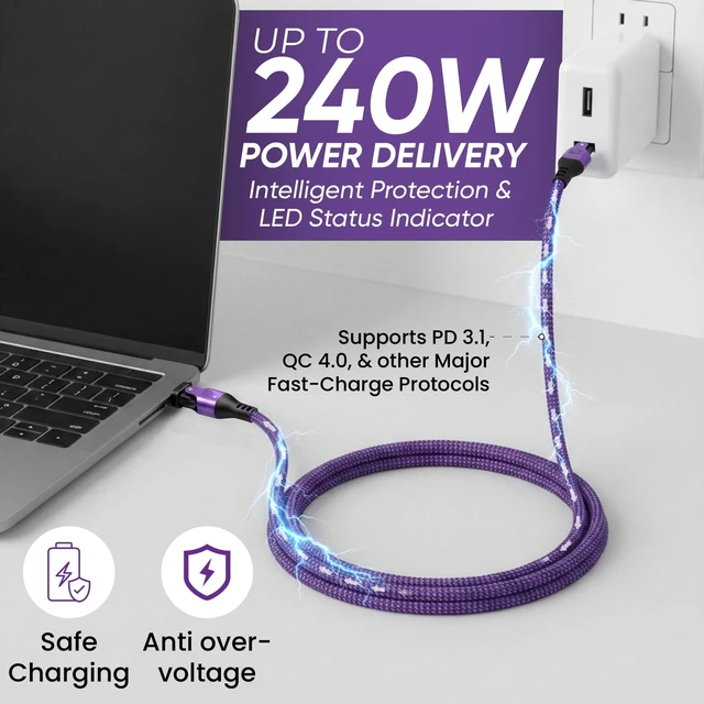 Alt view image 3 of 5 - EndlesShine USB C to USB C Cable 3.3FT, 180 Rotation PD 240W Purple 2 Pack
