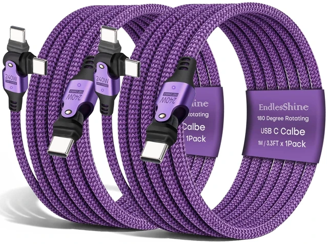 Main image of EndlesShine USB C to USB C Cable 3.3FT, 180 Rotation PD 240W Purple 2 Pack