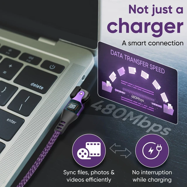 Alt view image 4 of 5 - EndlesShine USB C to USB C Cable 3.3FT, 180 Rotation PD 240W Purple 2 Pack