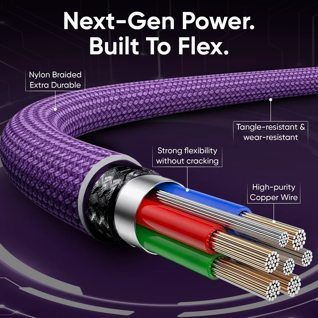 Alt view image 5 of 5 - EndlesShine USB C to USB C Cable 3.3FT, 180 Rotation PD 240W Purple 2 Pack