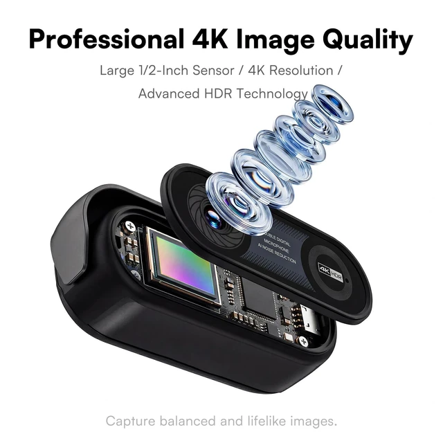 Alt view image 2 of 5 - Raikon 4K Webcam with Ring Light & Microphone, 4K Ultra HD Streaming Camera, Built-in Dual Noise-Canceling Mics, Auto Light Correction, for Zoom/Skype/Teams/YouTube/Twitch, Plug & Play, for PC