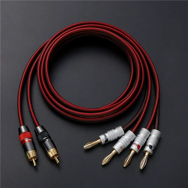 Alt view image 4 of 5 - JORZOR Audiophile Hi-Fi 14 Gauge OFC Speaker Cable with RCA Male (Black & Red) to 2 Bananas Plugs, 2 pack/1pair, (2M(6.6FT), 1 Pair(RCA to 2 Banana))