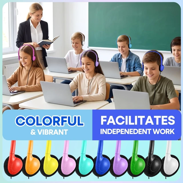 Alt view image 4 of 5 - Classroom USB C Headphones 30 Pack Bulk for School Kids, Wholesale Durable Wired On-Ear Type C Headset for K-12 Students, Compatible with Chromebook Laptop Tablet PC Smartphones (HY857C, 30 Mi