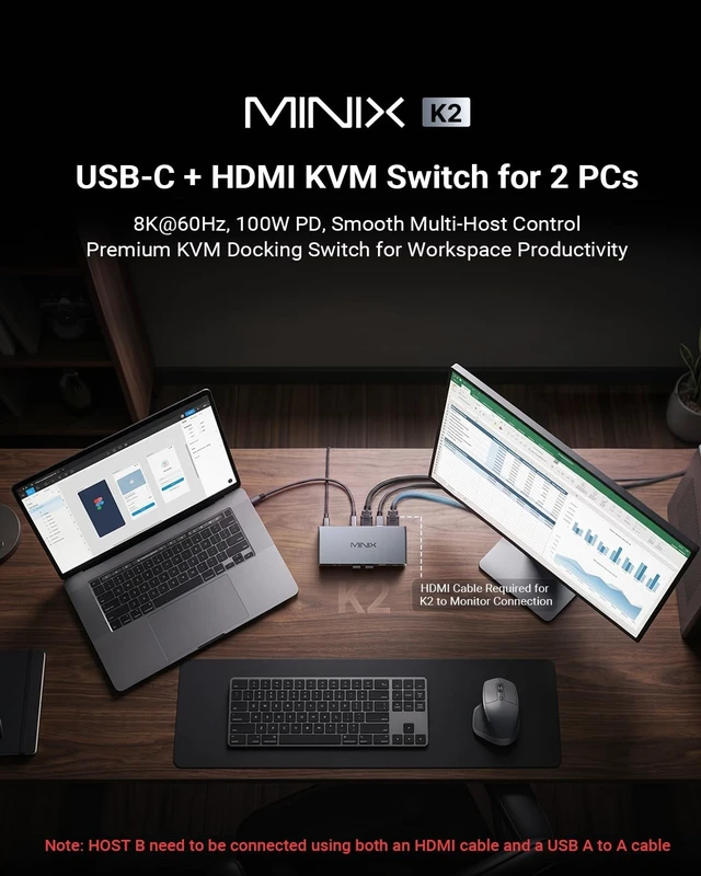 Alt view image 2 of 5 - MINIX 8K USB-C+HDMI KVM Switch 1 Monitor 2 Computers for Laptop PCAluminum
