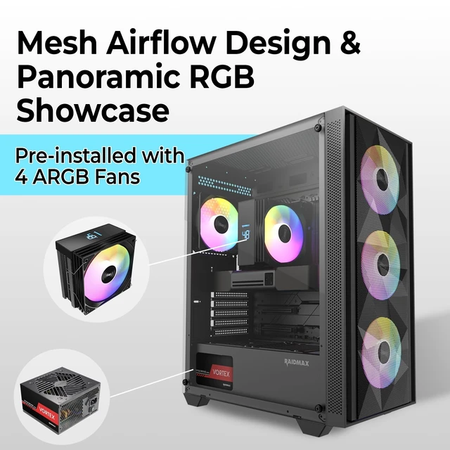 Alt view image 4 of 5 - RAIDMAX V ARGB ATX Mid Tower Gaming Bundle, Mesh High-Airflow Front Panel, 4X 120mm ARGB Fans, Tempered Glass Side Panel, Includes 700W PSU & Digital Temperature Display Air Cooler (V217BF Bundle)