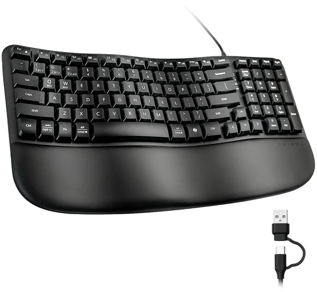 Main image of SANWA Wired Ergonomic Keyboard, Curved Wave Keyboard with Cushioned Wrist Rest, Compact Full-Size Layout, USB-A & C Port, 13 Shortcuts Keys, Natural Typing, Compatible with Win/Mac, Laptop, PC, Black