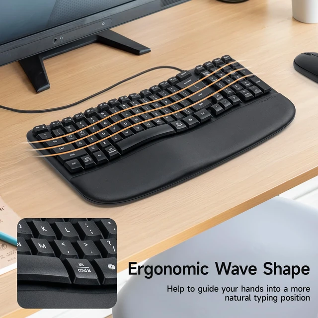 Alt view image 2 of 5 - SANWA Wired Ergonomic Keyboard, Curved Wave Keyboard with Cushioned Wrist Rest, Compact Full-Size Layout, USB-A & C Port, 13 Shortcuts Keys, Natural Typing, Compatible with Win/Mac, Laptop, PC, Black