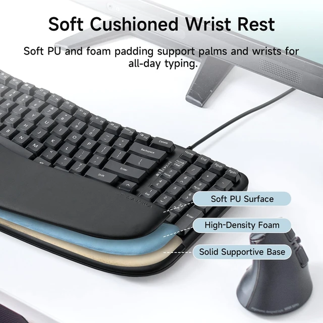 Alt view image 4 of 5 - SANWA Wired Ergonomic Keyboard, Curved Wave Keyboard with Cushioned Wrist Rest, Compact Full-Size Layout, USB-A & C Port, 13 Shortcuts Keys, Natural Typing, Compatible with Win/Mac, Laptop, PC, Black