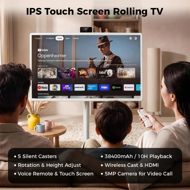 Alt view image 2 of 5 - VLH 32 1080P Smart Portable TV, Touch Screen Rolling TV, Built-in 38400mAh Battery, Android 15, 8+128GB Tablet TV on Wheels with Remote and Camera, 360 Rotation, Entertainment 10H