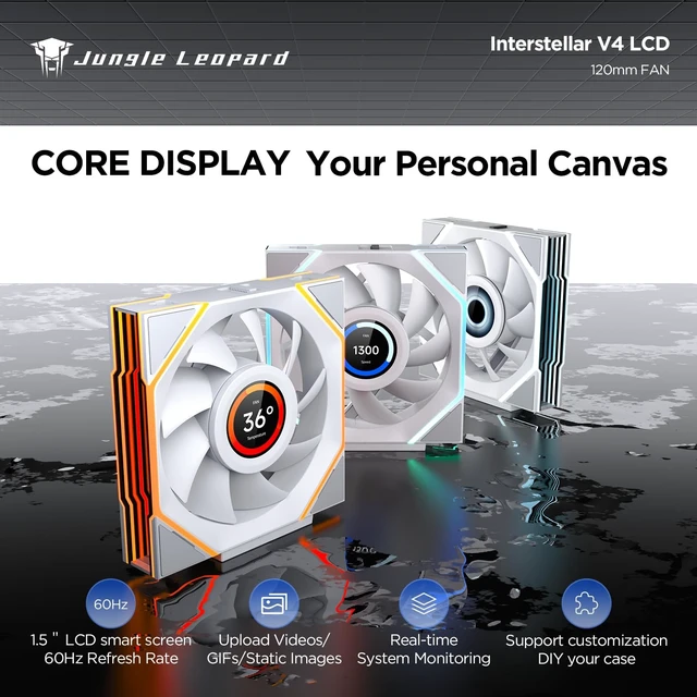 Alt view image 3 of 5 - Jungle Leopard Interstellar V4 LCD 120mm PC Case Fan^^1.5-Inch LCD Screen Computer Cooling ARGB Daisy Chain Fan^^Infinity Mirror Design^^600-2100 4Pin PWM Control^^61.54CFM (White Forward)