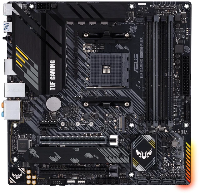 Main image of ASUS TUF Gaming B550M-PLUS, AMD B550 (Ryzen AM4) Micro ATX Motherboard (PCIe 4.0, Dual M.2, 10 DrMOS, DDR4 4400, 6, 2.5 Gb Ethernet, HDMI, DP, USB 3.2 Gen 2 Type-A and C, Aura Sync)