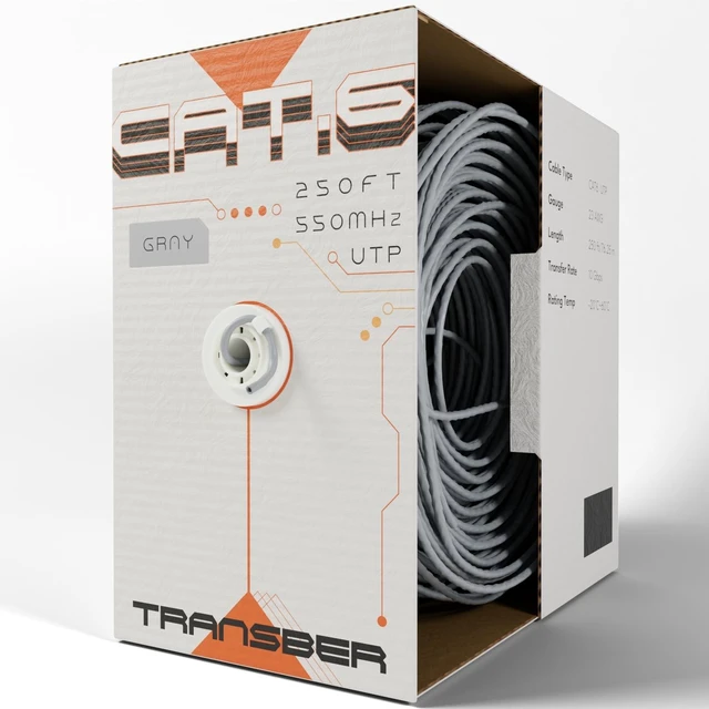 Main image of Transber, CAT6 250ft Ethernet Cable Solid UTP Up to 10Gbps 550Mhz 23AWG 4x2 Pair Bulk Cable Network PoE++/4PPoE LAN Wire 500-feet Easy Pull Box (Gray)
