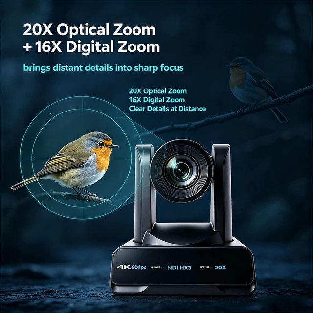 Alt view image 3 of 5 - 4K 60fps NDI PTZ Camera Full NDI HX3 4K 60fps Output,20X Optical Zoom, AI Auto-Tracking Camera with 3G-SDI/HDMI/USB/LAN/PoE/IP for Church Worship, Conference, Event Online Live Streaming, ME20