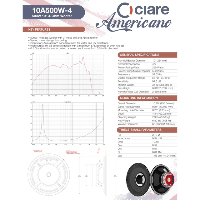 Alt view image 2 of 5 - Ciare Americano 10A500W-4, 10 500W Midbass Woofer 4 Ohm Speaker, 2 Voice Coil