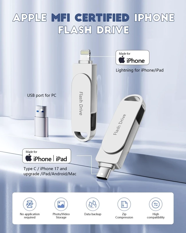 Alt view image 2 of 5 - (No APP Required) Apple MFi Certified Phone Photo Stick, USB Flash Drive 512GB for iPhone Memory Stick, 3-in-1 iPhone Photo Transfer Stick, High-Speed USB Thumb Drive for iPhone/iPad/Android/PC Silver