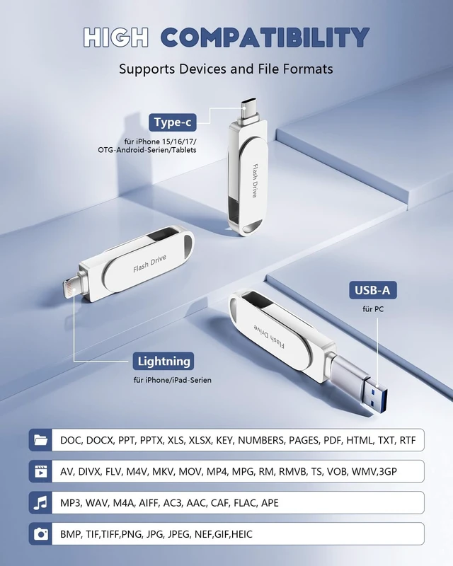 Alt view image 5 of 5 - (No APP Required) Apple MFi Certified Phone Photo Stick, USB Flash Drive 512GB for iPhone Memory Stick, 3-in-1 iPhone Photo Transfer Stick, High-Speed USB Thumb Drive for iPhone/iPad/Android/PC Silver