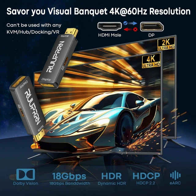 Alt view image 2 of 5 - 5Pack HDMI to DisplayPort Adapter (4K@60Hz, 2K/1080P@120Hz ) Unidirectional