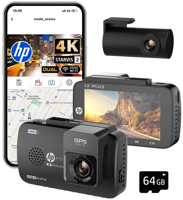 Main image of HP P70 Black Dual Dash Cam Front and Rear, STARVIS 2 Sensor, 4K Front + FHD Rear Loop Recording, GPS, Free 64GB Card, 3" IPS Screen, 24HR Parking Mode, App Control, 5GHz WiFi, Night Vision