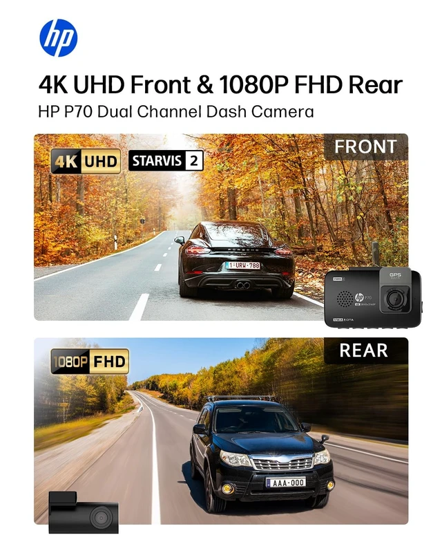 Alt view image 4 of 5 - HP P70 Black Dual Dash Cam Front and Rear, STARVIS 2 Sensor, 4K Front + FHD Rear Loop Recording, GPS, Free 64GB Card, 3" IPS Screen, 24HR Parking Mode, App Control, 5GHz WiFi, Night Vision