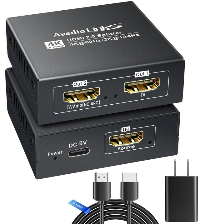 Main image of 4K@60Hz HDMI Splitter 1 in 2 Out for TV & Soundbar w/ 4Ft HDMI Cable, HDCP 2.2 Bypass, HDMI Audio Splitter Support Dolby Vision/Atmos 7.1ch, Downscale 4K/1080P Sync, 1080P@120Hz, 2K@144Hz for PS5,Ro