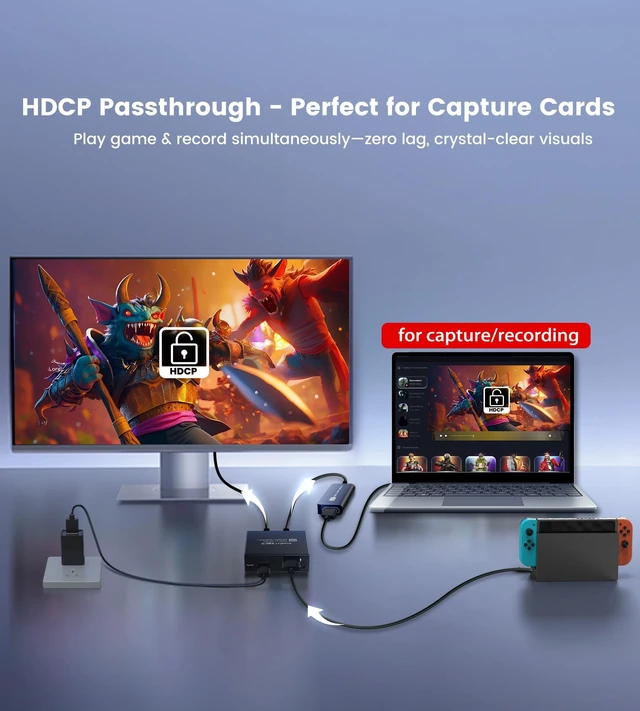 Alt view image 3 of 5 - 4K@60Hz HDMI Splitter 1 in 2 Out for TV & Soundbar w/ 4Ft HDMI Cable, HDCP 2.2 Bypass, HDMI Audio Splitter Support Dolby Vision/Atmos 7.1ch, Downscale 4K/1080P Sync, 1080P@120Hz, 2K@144Hz for PS5,Ro