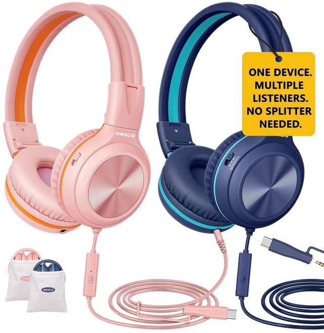Main image of SIMOLIO Manyshare Kids Headphones 2 Pack, USB-C to 3.5mm Dongle Included