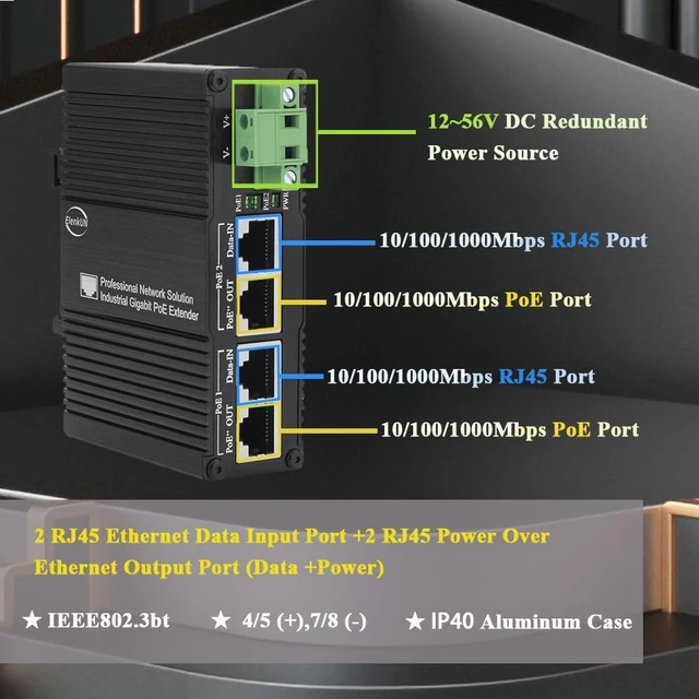 Alt view image 3 of 5 - Industrial Gigabit 95W 802.3at PoE++ Injector RJ45 12-48V DC PoE Adapter
