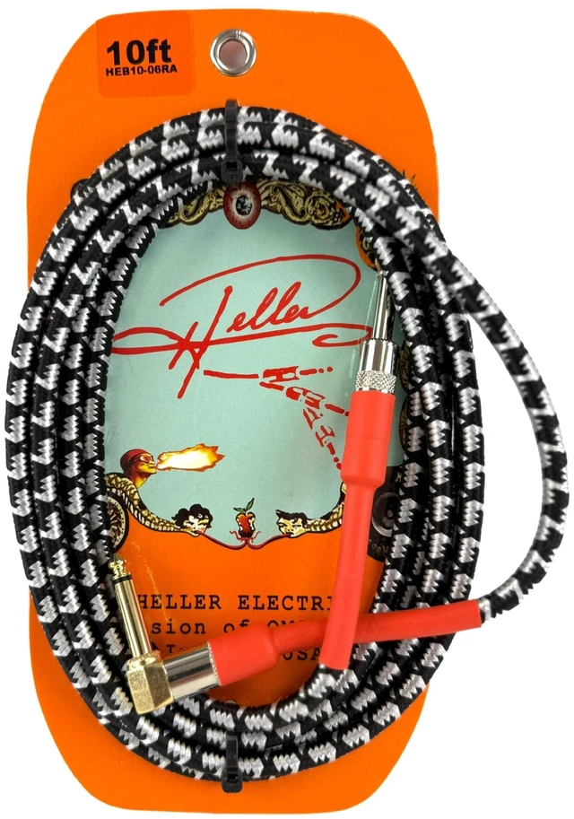Main image of Heller Electric Braid-Matrix Guitar Cable, 10ft, Black & Silver Tweed, Straight to Right-Angle 1/4" Plugs, 20AWG OFC, 99% Shielded