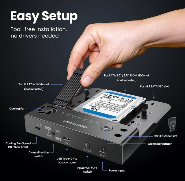 Alt view image 2 of 5 - GRAUGEAR M.2 NVMe & SATA 3.5"/2.5" SSD HDD Hard Drive Docking Station, USB-C 10Gbps NVMe Reader, SATA to NVMe M.2 Cloner, NVMe SSD Enclosure Clone Station, Dual Bay Offline Clone