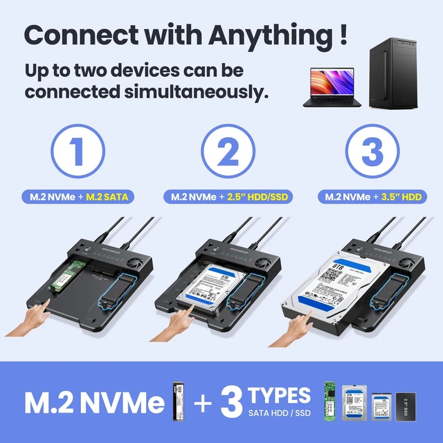 Alt view image 3 of 5 - GRAUGEAR M.2 NVMe & SATA 3.5"/2.5" SSD HDD Hard Drive Docking Station, USB-C 10Gbps NVMe Reader, SATA to NVMe M.2 Cloner, NVMe SSD Enclosure Clone Station, Dual Bay Offline Clone