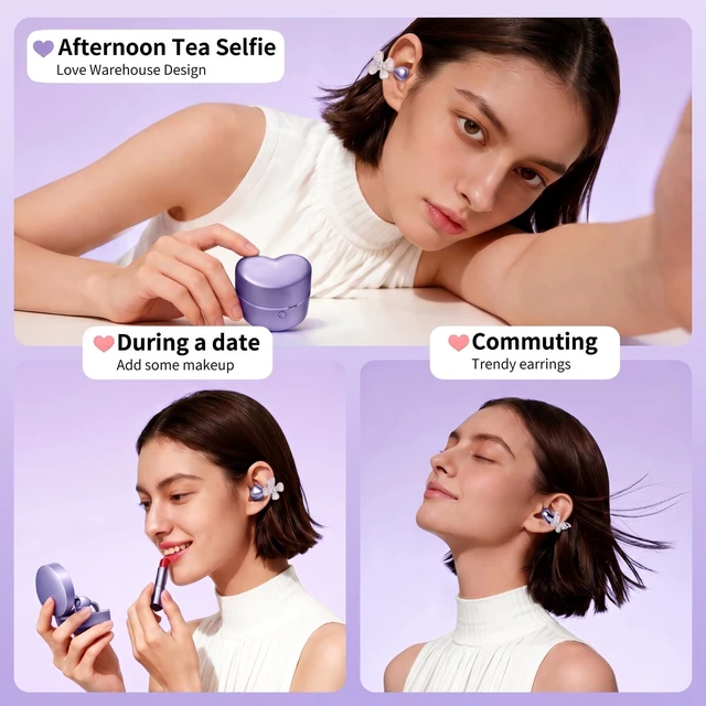 Alt view image 4 of 5 - xzqioue Love Wireless Earbuds with Mirror Case, Bluetooth 6.0 Open Ear Clip-On Headphones, Cute Pink Air Conduction Earphones for Women, Low Latency, Secure Fit for Running & Travel