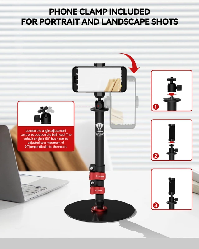 Alt view image 3 of 5 - RB-A200-S Tabletop Round Base Monopod Stand with Phone Holder & Ball Head