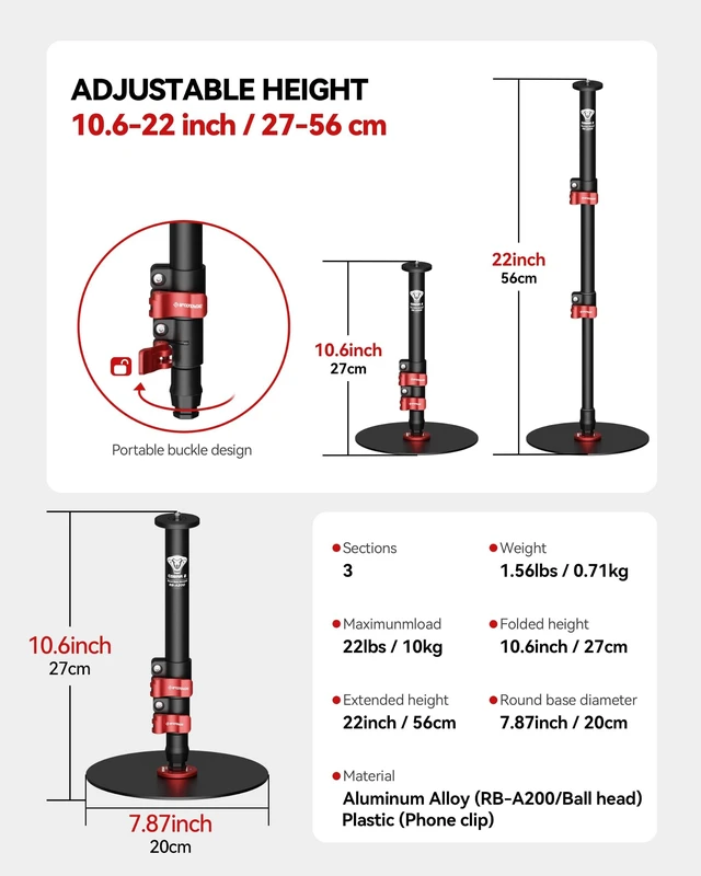 Alt view image 4 of 5 - RB-A200-S Tabletop Round Base Monopod Stand with Phone Holder & Ball Head