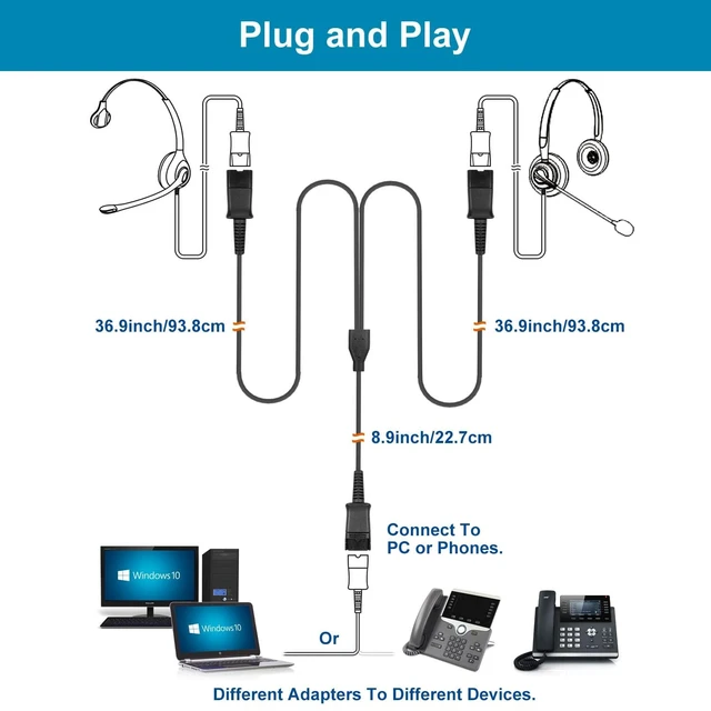 Alt view image 4 of 5 - Weatwo Training Y Splitter Adapter Cable for All Plantronics QD Headphone