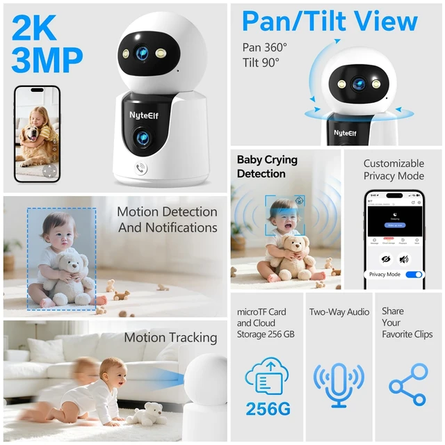 Alt view image 2 of 5 - 2K Dual Lens Indoor Security Camera, Dual View Pan/Tilt Camera for Baby & Pet Monitoring, AI Motion Tracking, Privacy Mode, Two-Way Talk, Cry Detection, Color Night Vision, 24/7 Continuous Recording