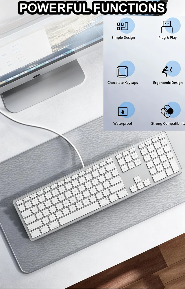Alt view image 2 of 5 - Wired Keyboard for Mac, Ultra-Slim Silent Keyboard with USB & Type-C Dual Interface 2-in-1 Cable, Silent Keyboard Full Size with Numeric Keypad, Compatible with A-pple MacBook Pro/Air iMac Pro/mini
