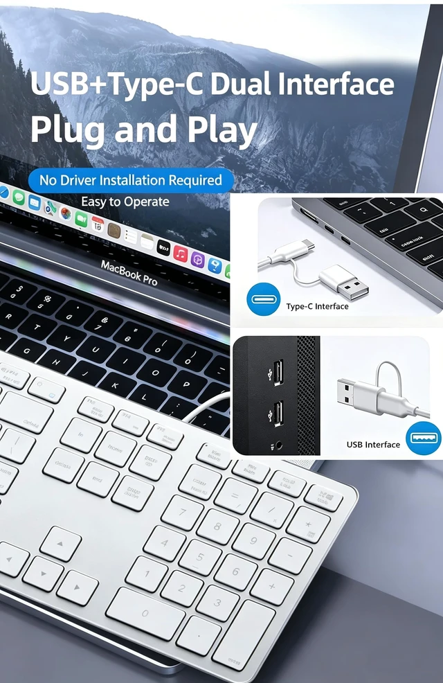 Alt view image 3 of 5 - Wired Keyboard for Mac, Ultra-Slim Silent Keyboard with USB & Type-C Dual Interface 2-in-1 Cable, Silent Keyboard Full Size with Numeric Keypad, Compatible with A-pple MacBook Pro/Air iMac Pro/mini