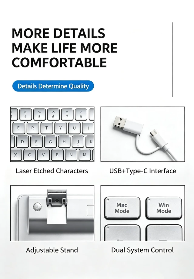 Alt view image 4 of 5 - Wired Keyboard for Mac, Ultra-Slim Silent Keyboard with USB & Type-C Dual Interface 2-in-1 Cable, Silent Keyboard Full Size with Numeric Keypad, Compatible with A-pple MacBook Pro/Air iMac Pro/mini