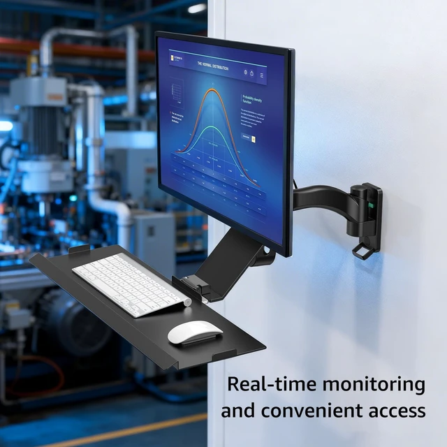 Alt view image 3 of 5 - BEWISER Monitor Wall Mount with Foldable Keyboard Tray & Mouse Storage Single Monitor Arm Stand Computer Workstation for 17''-32'' Screens Suitable for Factory, Hospital, Warehouse & Lab Black