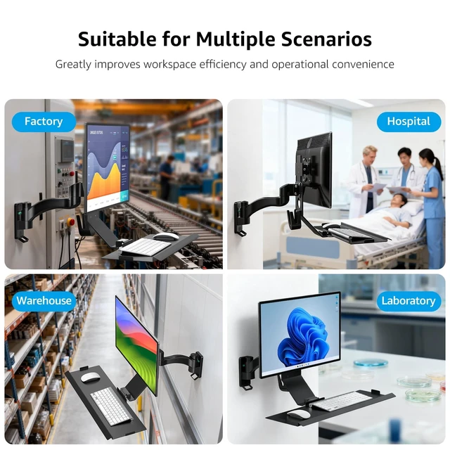 Alt view image 4 of 5 - BEWISER Monitor Wall Mount with Foldable Keyboard Tray & Mouse Storage Single Monitor Arm Stand Computer Workstation for 17''-32'' Screens Suitable for Factory, Hospital, Warehouse & Lab Black