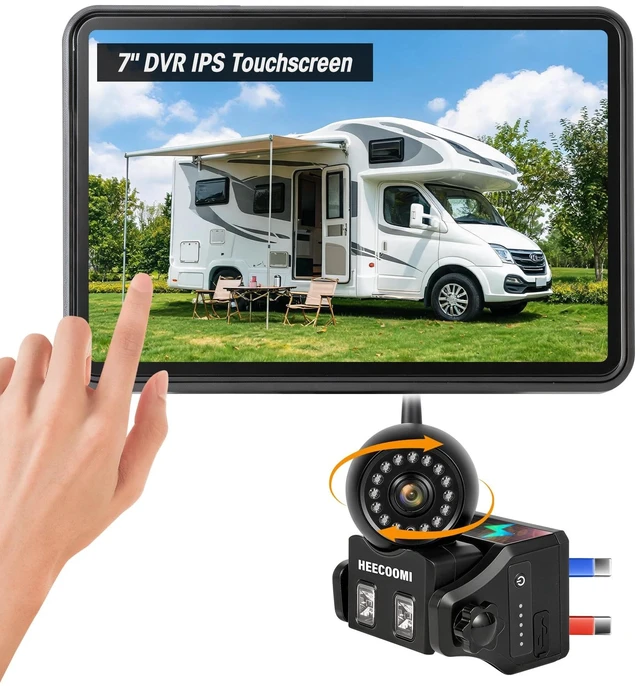Main image of HEECOOMI Magnetic Wireless Backup Camera Solar with 360 Adjustable Lens, 7" 1080P Touchscreen Monitor, DVR Recording, IP69K Waterproof, Auto-Sleep & Night Vision for RV, Truck, Trailer & Camper