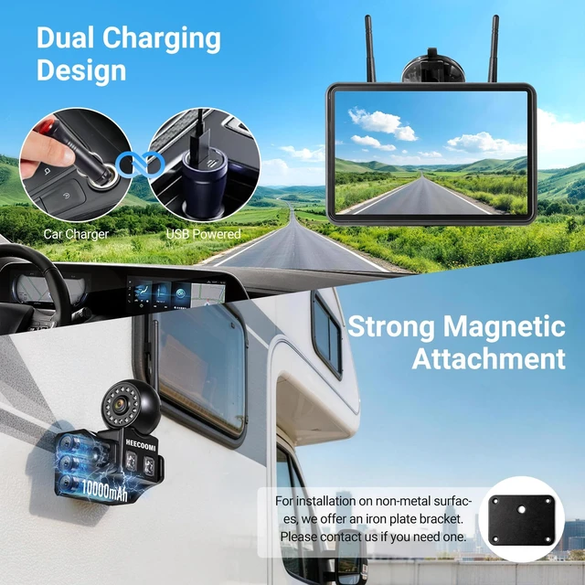 Alt view image 4 of 5 - HEECOOMI Magnetic Wireless Backup Camera Solar with 360 Adjustable Lens, 7" 1080P Touchscreen Monitor, DVR Recording, IP69K Waterproof, Auto-Sleep & Night Vision for RV, Truck, Trailer & Camper