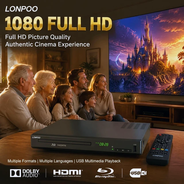 Alt view image 2 of 5 - LONPOO 1080P HD Blu-Ray DVD Player for TV with Dolby Digital True HD/DTS
