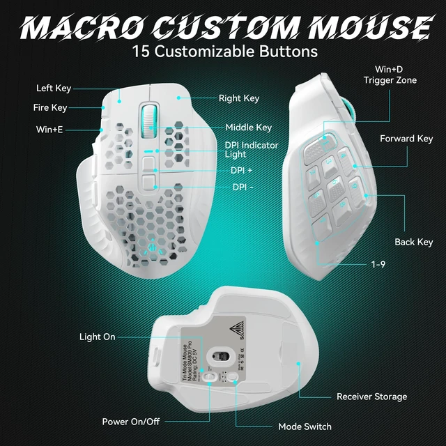 Alt view image 5 of 5 - SM809 Pro Tri-Mode MMO Gaming Mouse, 16 Custom Buttons & 24000 DPI